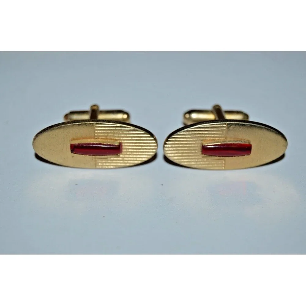Vintage Cuff Links High End Mid Century Oval Golden Red Stone Classic RARE